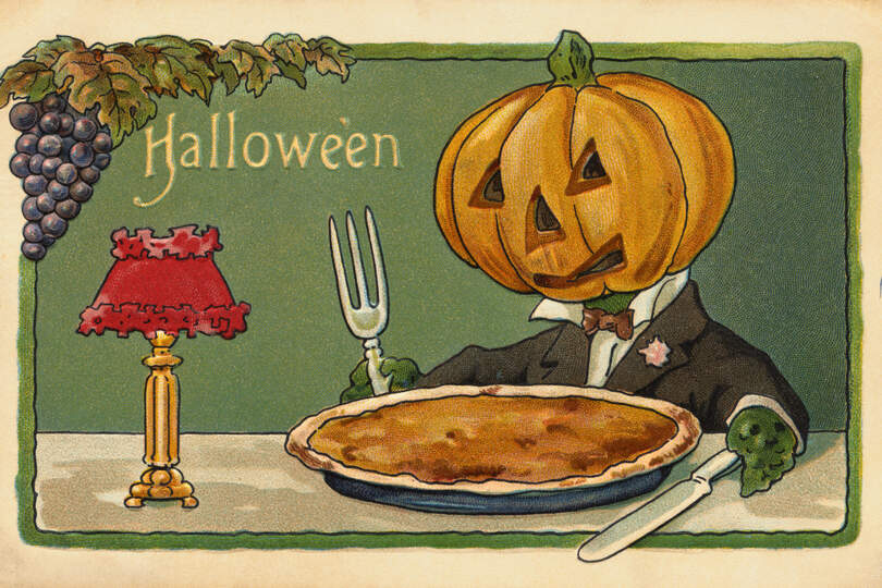 A Monster with a pumpkin head sits down to eat a pie. | Located in: Rykoff Collection.  (Photo by �� Rykoff Collection/CORBIS/Corbis via Getty Images)