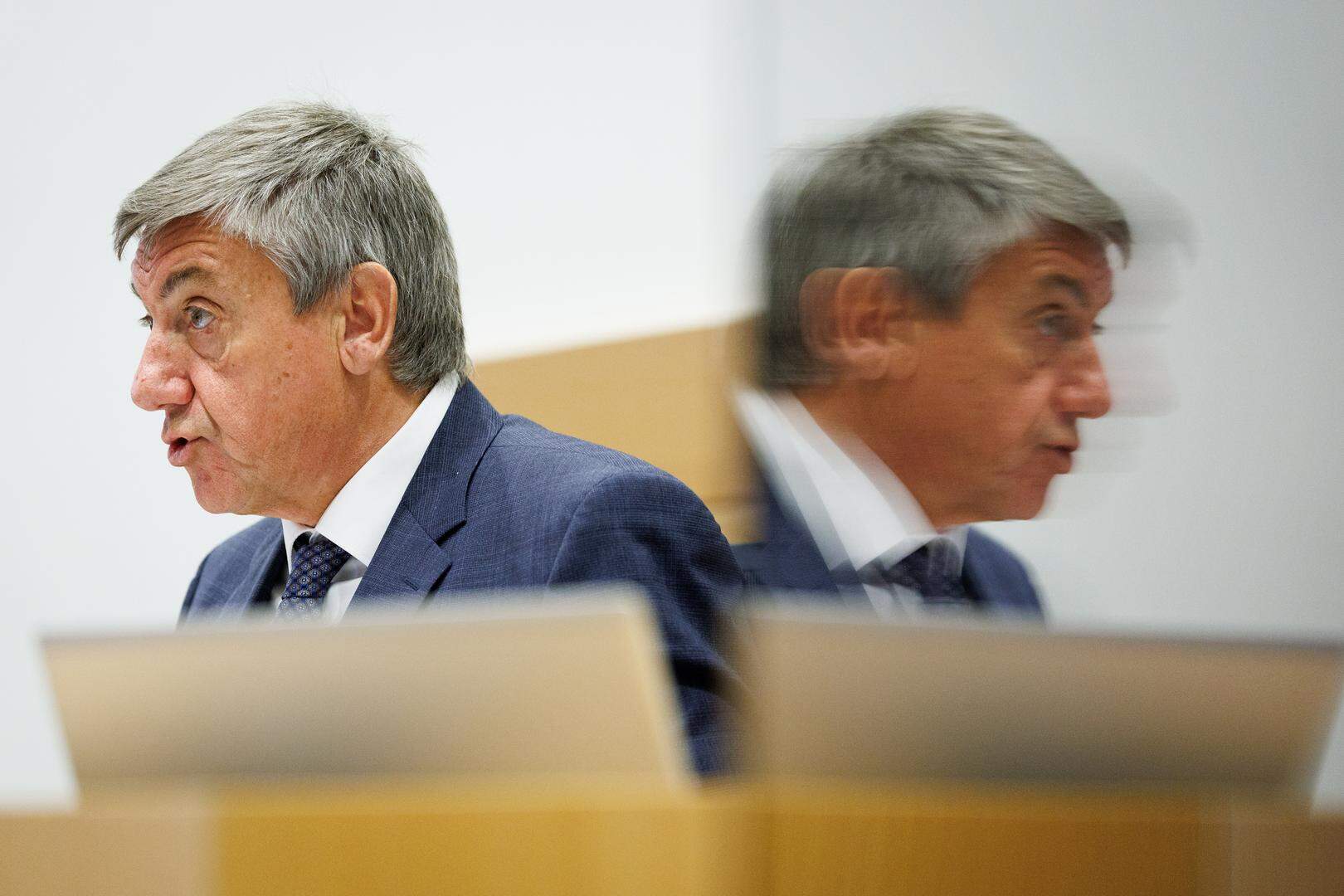 Vice-prime minister and Minister of Finance, Combating Tax Fraud, Pensions, National Lottery and Cultural Institutions Jan Jambon pictured during a session of the parliamentary commission for Finance and Budget, at the Federal Parliament in Brussels, Tuesday 18 March 2025. Today Ministers come to expose their politics in several commissions. BELGA PHOTO BENOIT DOPPAGNE