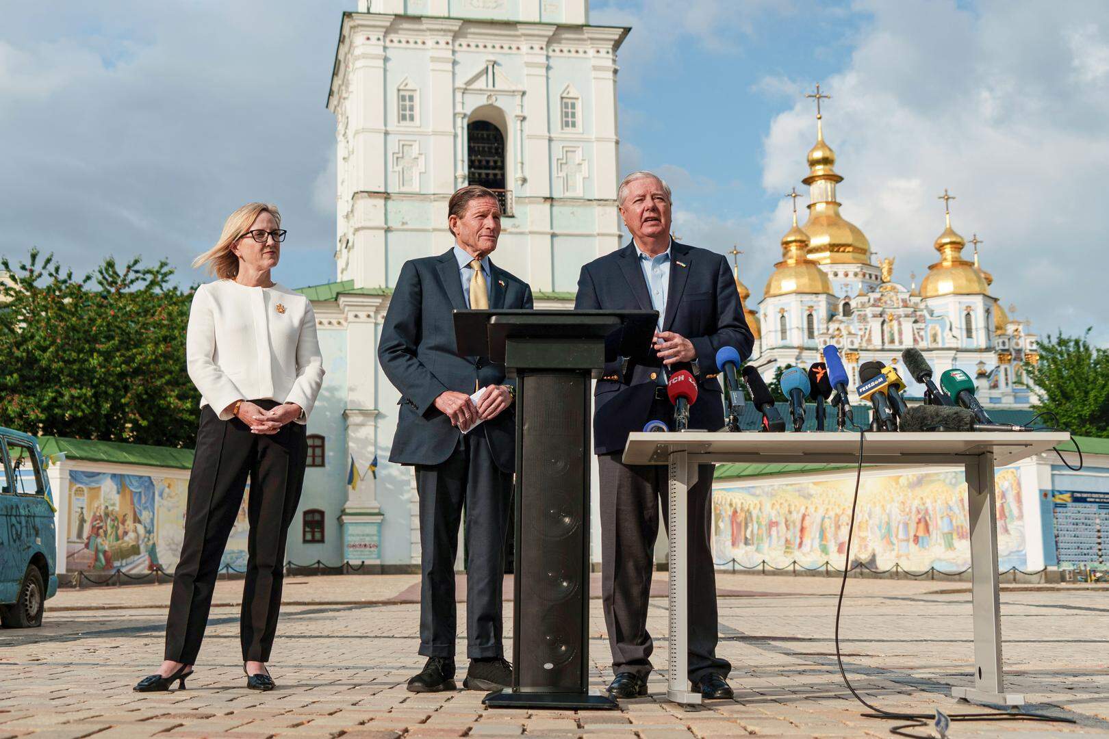 Sen. Lindsey Graham, R-S.C., right, and Sen. Richard Blumenthal, D-Conn., center, speak during a press conference in Kyiv, Ukraine, on Friday, May 30, 2025. (AP Photo/Vasilisa Stepanenko)
