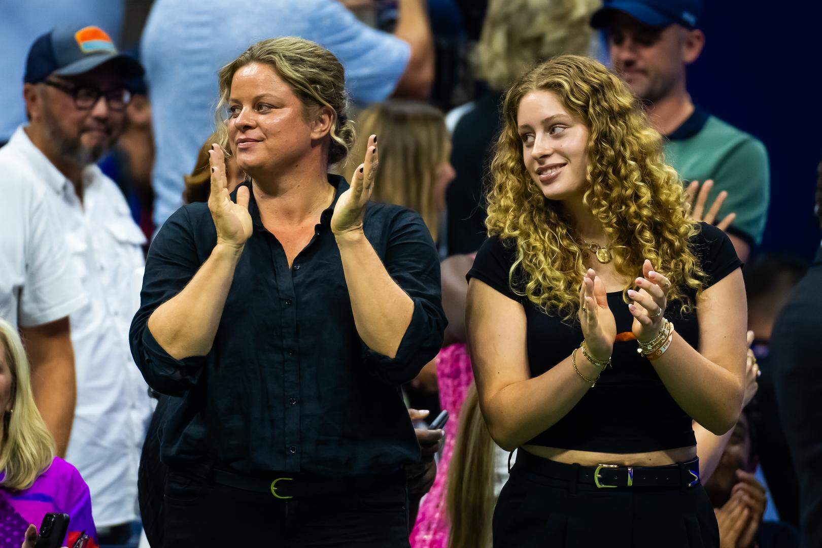 NEW YORK, NEW YORK - SEPTEMBER 07: Kim Clijsters and daughter Jada Lynch before the singles final on Day 13 of the US Open at USTA Billie Jean King National Tennis Center on September 07, 2024 in New York City (Photo by Robert Prange/Getty Images)