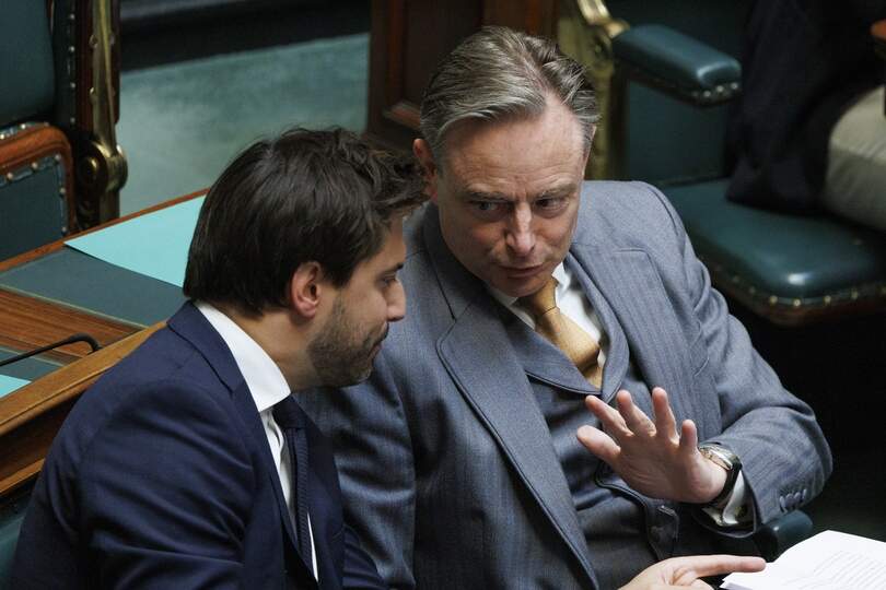 MR's Georges-Louis Bouchez and Prime Minister Bart De Wever pictured during a plenary session of the Chamber at the federal parliament, in Brussels, Thursday 05 June 2025. BELGA PHOTO NICOLAS MAETERLINCK
