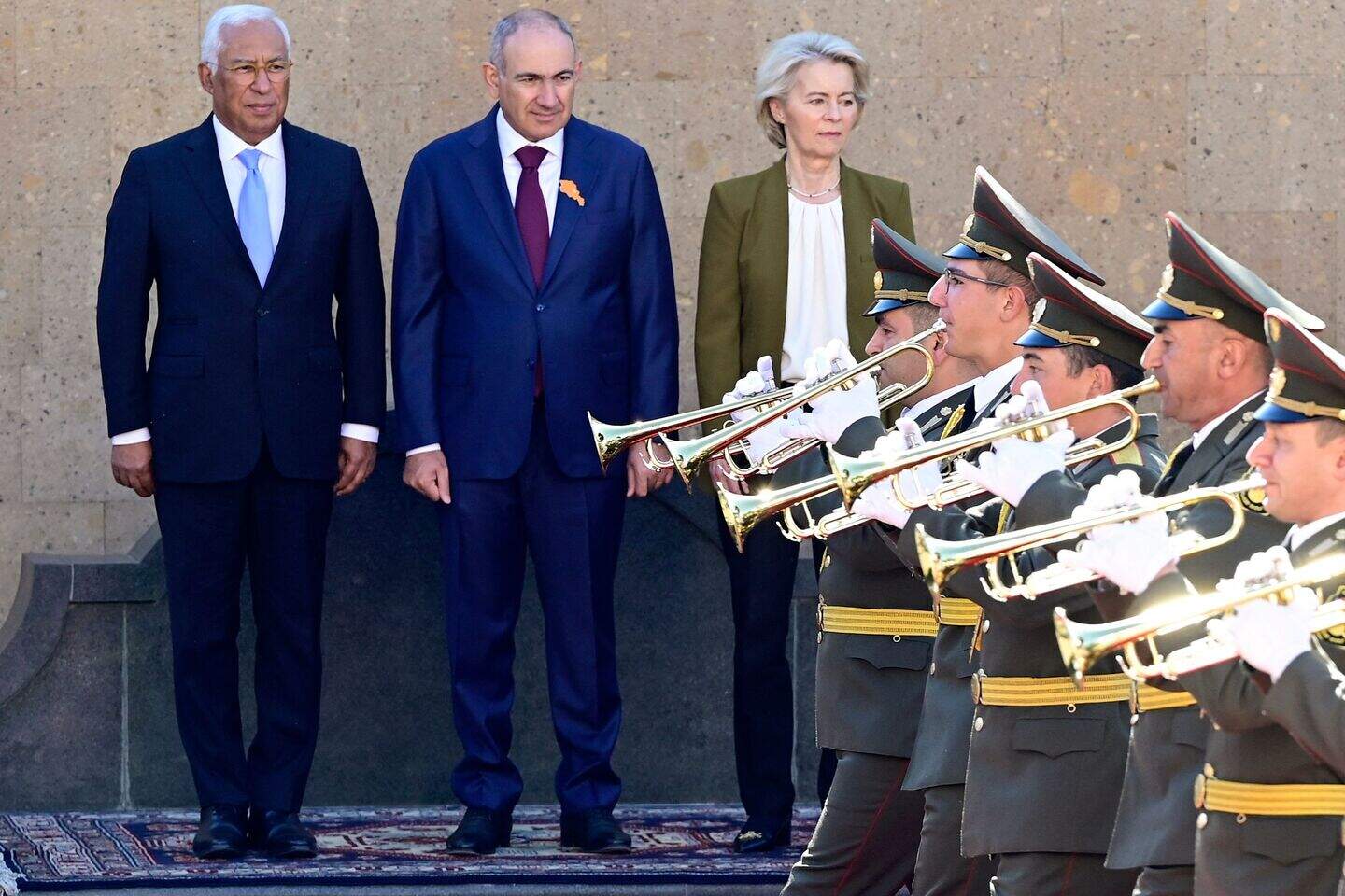 Armenia's Prime Minister Nikol Pashinyan, European Commission President Ursula von der Leyen and European Council President Antonio Costa attend the Armenia-European Union summit in Yerevan on May 5, 2026. (Photo by KAREN MINASYAN / AFP)