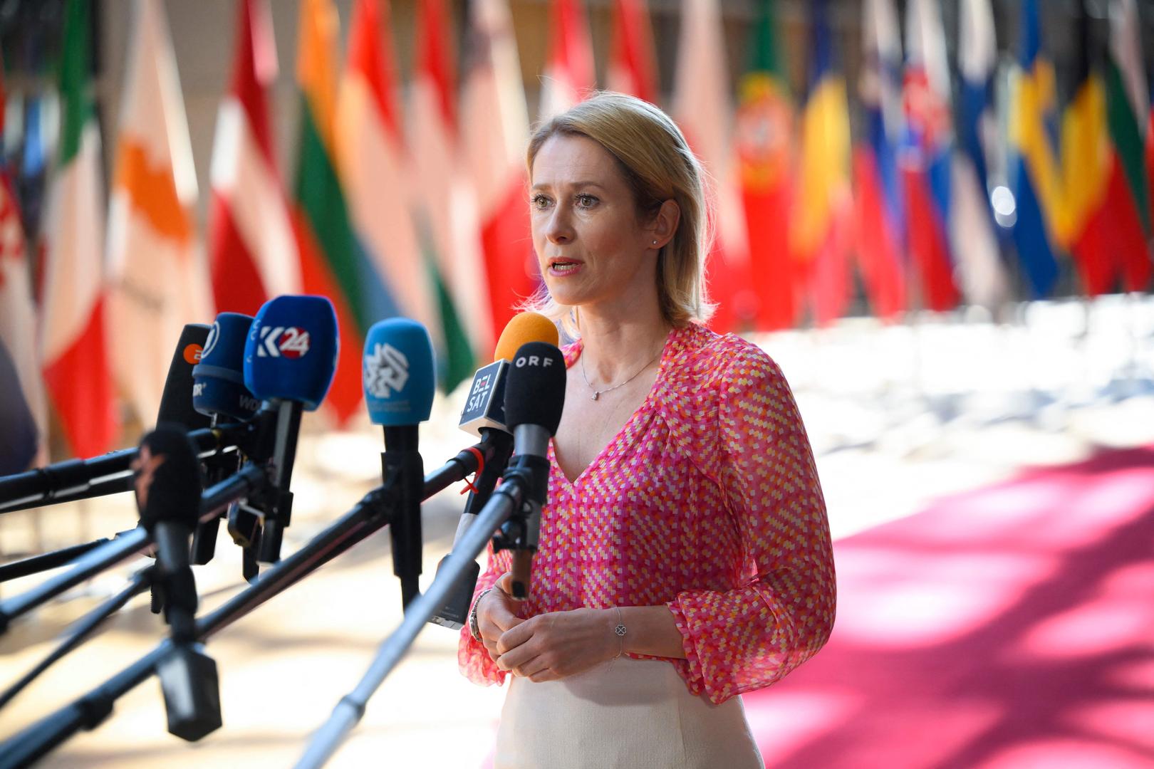 European Union for Foreign Affairs and Security Policy Kaja Kallas answers journalists questions as she arrives for a Defence Council meeting at the EU headquarters in Brussels on May 20, 2024. (Photo by JOHN THYS / AFP)