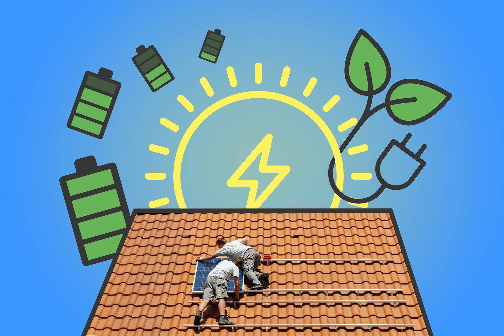 Engineers installing solar panel on house roof