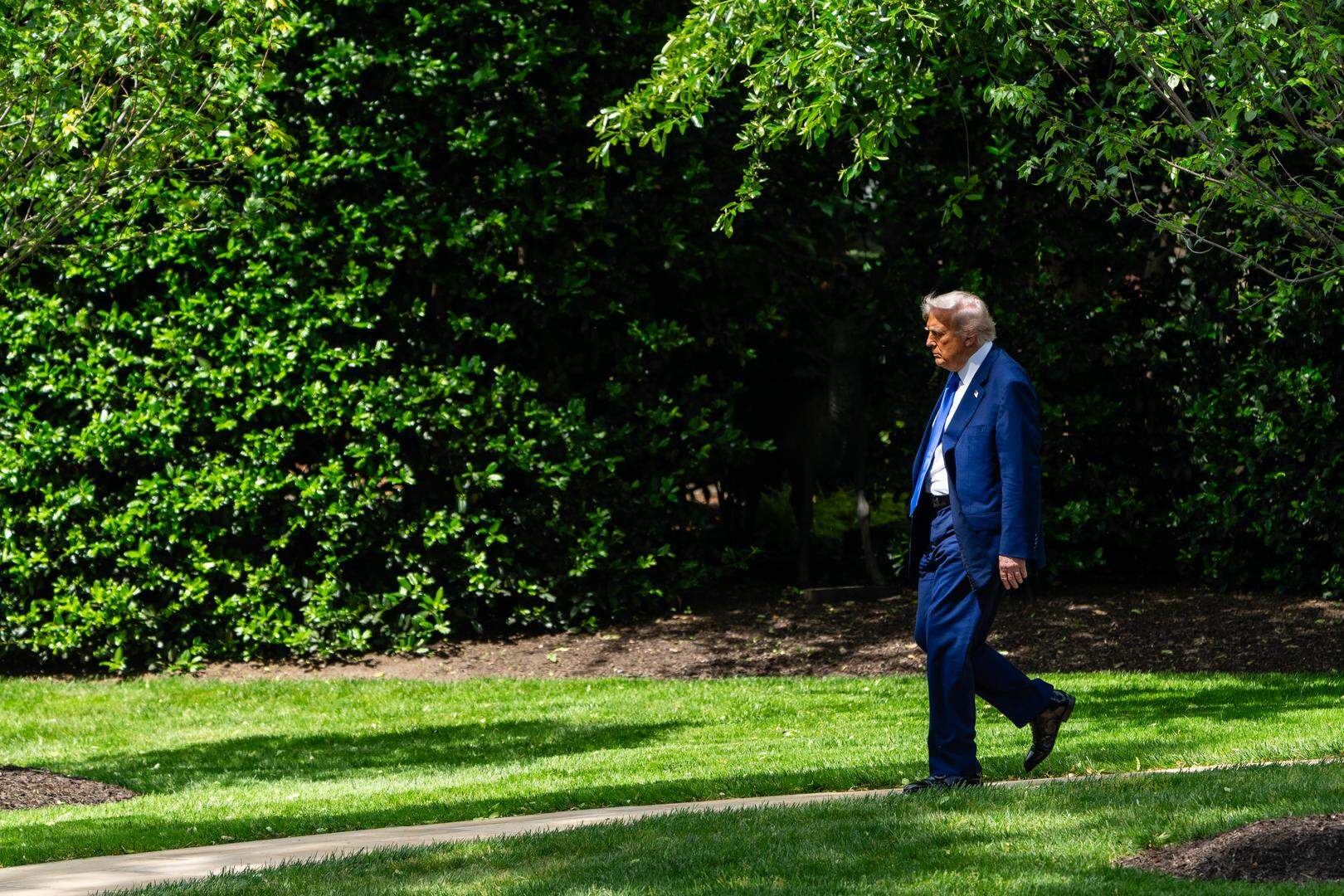 President Donald Trump walks to board Marine One on the South Lawn of the White House in Washington as he departs for the Middle East on Monday, May 12, 2025. Trump has long reveled in his reputation as a maximalist, issuing a huge demand, creating a crisis and setting off a high-pressure negotiation Ñ but increasingly often, he ends up backing down and simply declaring a win. (Eric Lee/The New York Times)