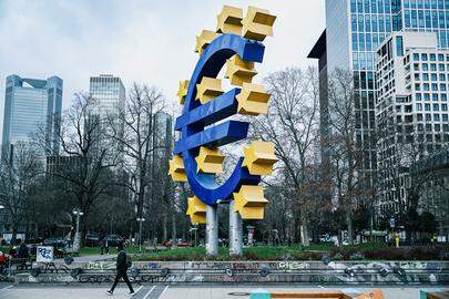 A sculpture of the Euro currency stands in the city centre of Frankfurt am Main, western Germany, on January 25, 2024. The European Central Bank (ECB) is expected to stand pat on January 25, 2024 and call for patience in the ongoing battle against inflation, pushing back against market hopes of rapid interest rate cuts. The Frankfurt-based institution launched an unprecedented rate hiking cycle in mid-2022 after Russia's war in Ukraine pushed food and energy costs higher, sending inflation soaring. (Photo by Kirill KUDRYAVTSEV / AFP)