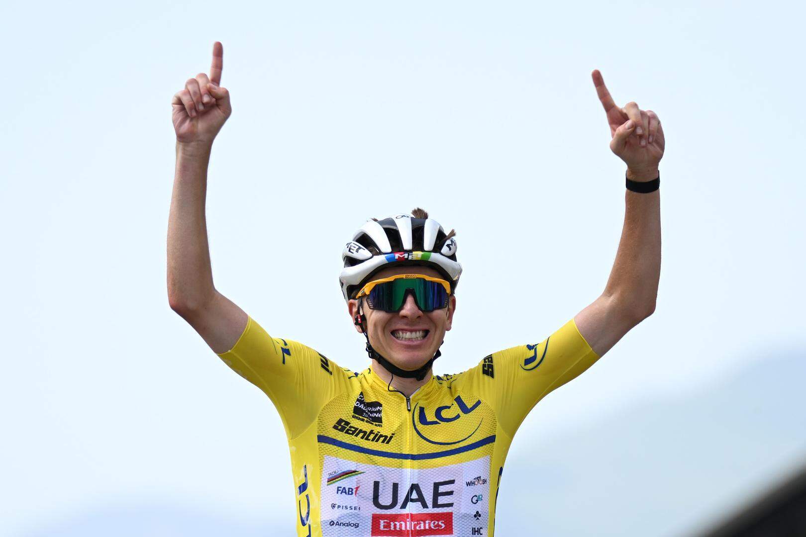 VALMEINIER 1800, FRANCE - JUNE 14: Tadej Pogacar of Slovenia and UAE Team Emirates - XRG - Yellow Leader Jersey celebrates at finish line as stage winner during the 77th Criterium du Dauphine 2025, Stage 7 a 131.6km stage from Grand-Algueblanche to Valmeinier 1800 (1830m) / #UCIWT / on June 14, 2025 in Valmeinier 1800, France. (Photo by Dario Belingheri/Getty Images)