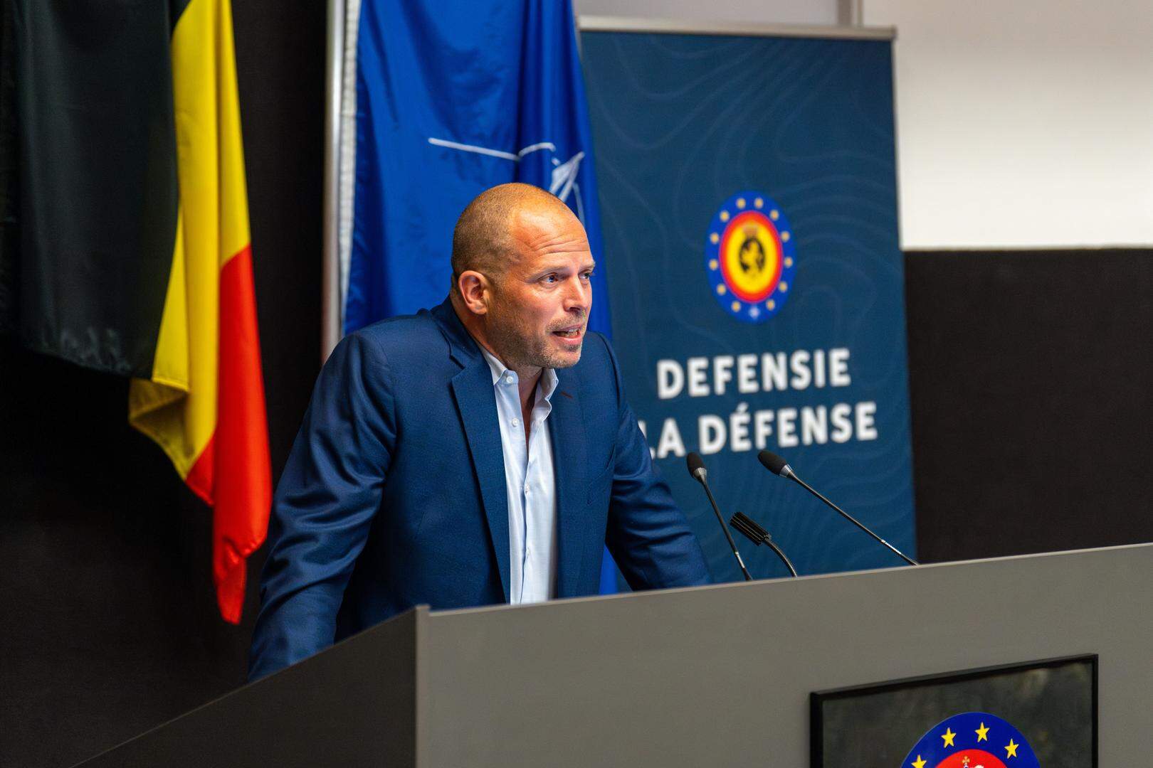 Minister of Defence and Foreign Trade Theo Francken pictured during the laying of the foundation stone of the new Defense headquarters, on Tuesday 03 June 2025 in Brussels. The new Headquarters is the first major project within the Ministry of Defence to be developed according to the "NWOW" (New Ways of Working) concept. In addition to office space, the project also includes a wide range of meeting rooms, a conference center, a daycare center, and staff facilities such as a company restaurant, sports areas, and changing rooms.
BELGA PHOTO MARIUS BURGELMAN