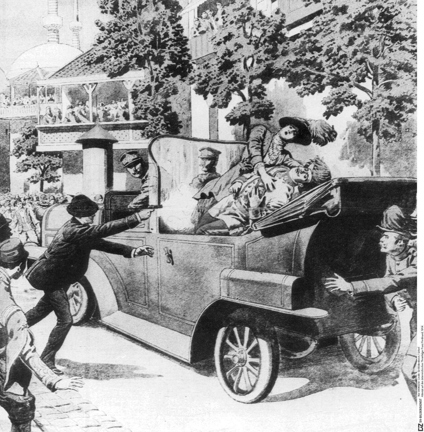 The drawing shows the murder of the heir to the throne Franz Ferdinand of Austria and his wife Sophie by the Serbian nationalist Gavrilo Princip in Sarajevo. (Date created: 01.07.1914-31.07.1914)