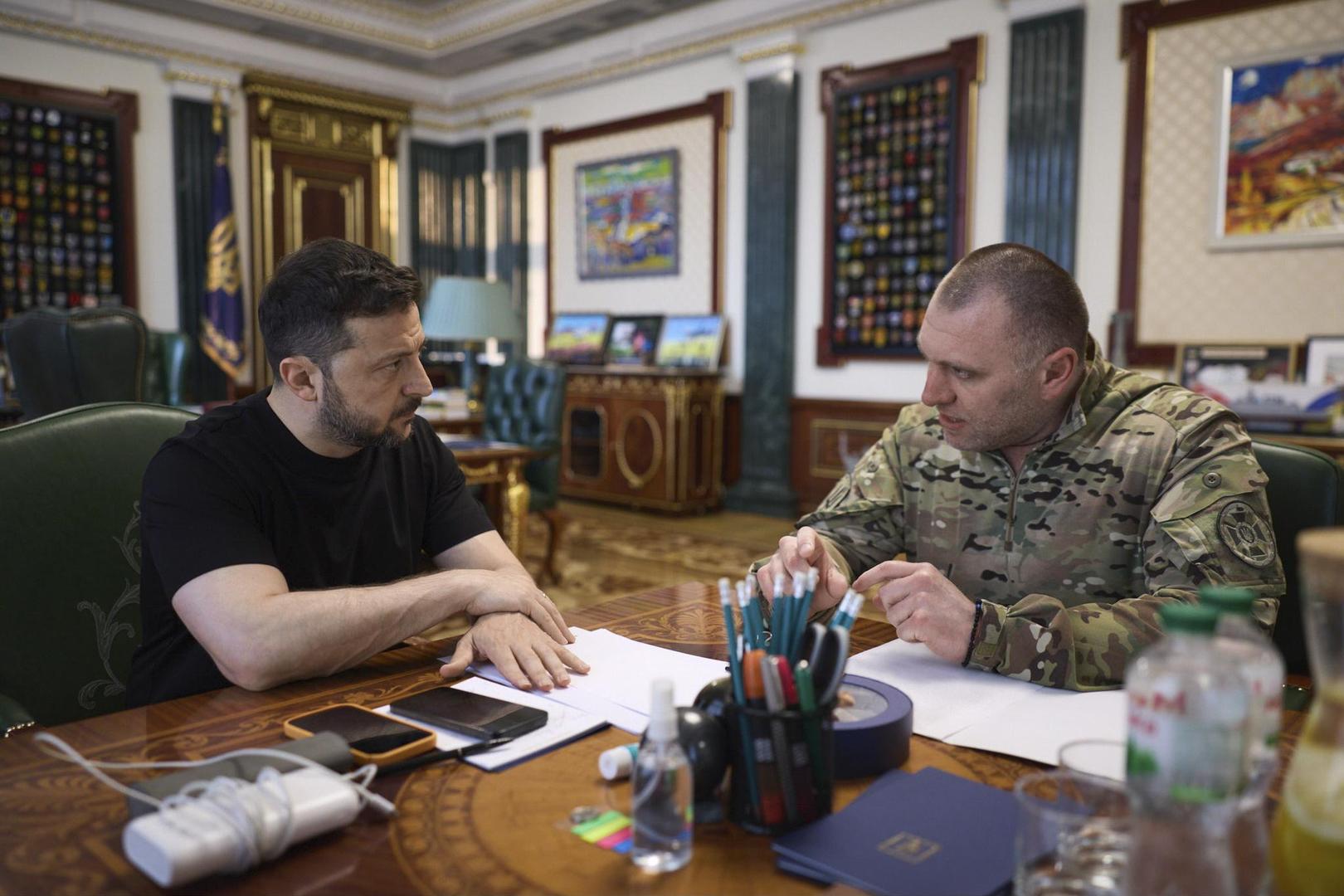epa12149772 A handout photo made available by the Ukrainian Presidential Press Service shows Ukrainian President Volodymyr Zelensky (L) speaking with the Head of the Security Service (SSU) Vasyl Malyuk (R) during their meeting in Kyiv, Ukraine, 01 June 2025. Malyuk reported on the operation against Russian airbases. According to the SSU, seven billion US dollars is the estimated value of the Russian strategic aviation which was hit 01 June as a result of the SSU's special operation 'Pavutyna (Cobweb)'. About 34% of strategic cruise missile carriers at the main airfields of the Russian Federation were hit, the SSU claims.  EPA-EFE/UKRAINE PRESIDENTIAL PRESS SERVICE / HANDOUT  HANDOUT EDITORIAL USE ONLY/NO SALES