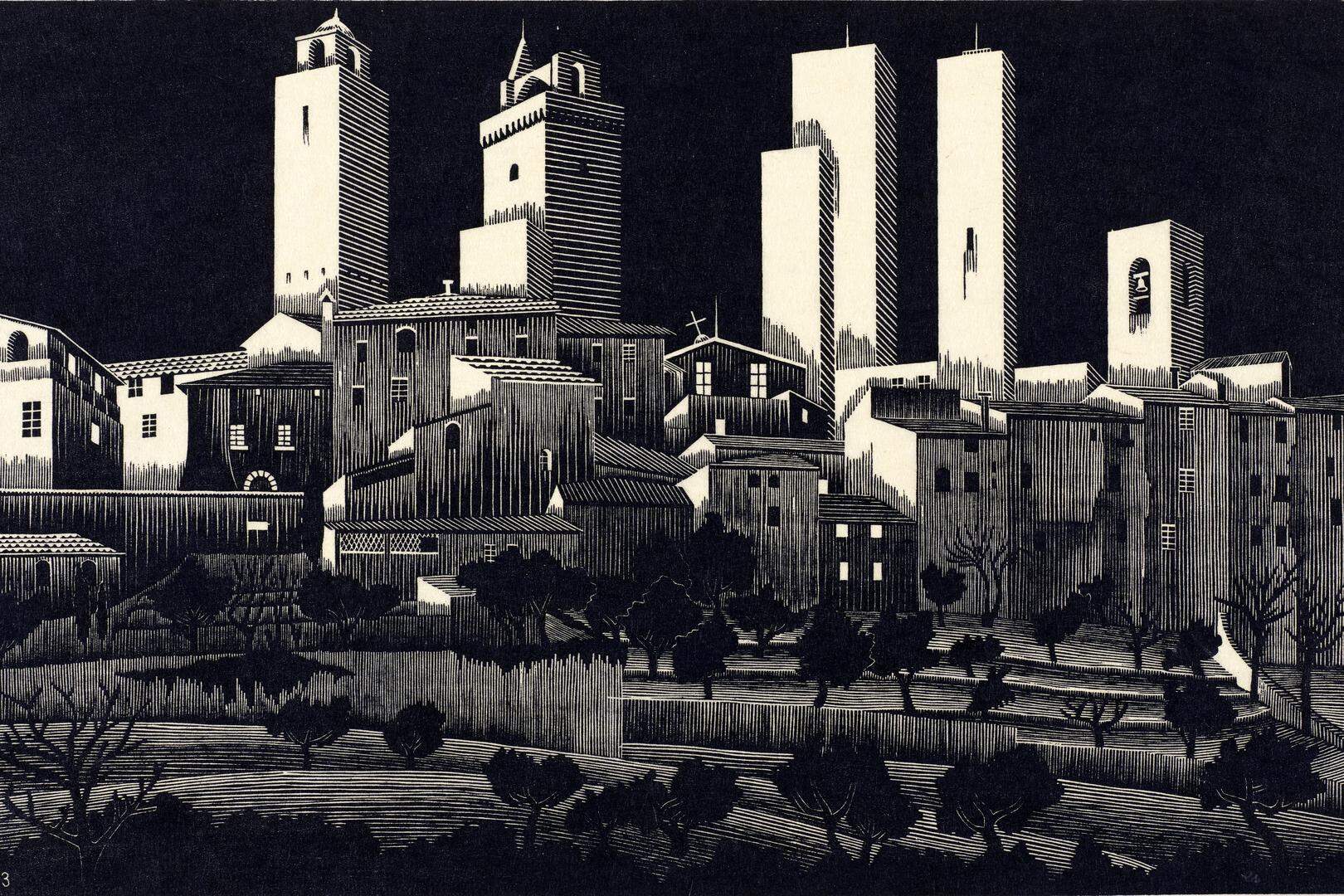  San Gimignano / Maurits Cornelis Escher ( 1923 - ) , , hoogte , aankoop
papier, inkt, houtsnede (drukprocédé)
0255118 , LWE 96, P 91-x-1969, 96, 11, 6, P 153-1980, PRE-1980-0153